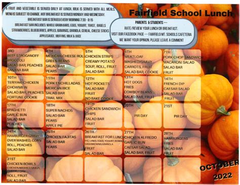 October Menu | Fairfield Public Schools