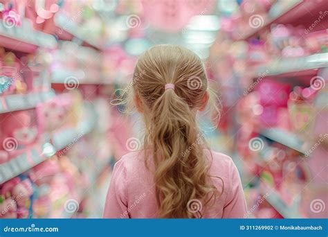 Back View of Girl Child in Toy Shop Full of Stereotypical Pink Toys ...