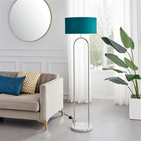 Danielle Floor Lamp Teal Fabric Shade Brass Marble |Lighting