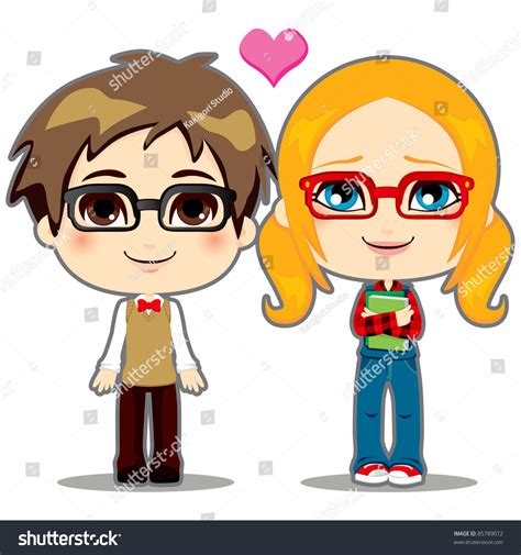Cute Teen Geek Couple Happy Shy Stock Vector (Royalty Free) 85789072