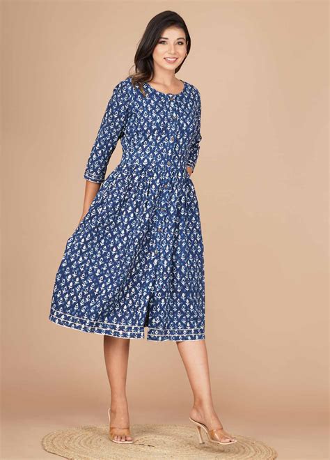 Rhino Blue (Indigo) Dabu Printed One Piece Dress Onine - Raworiya