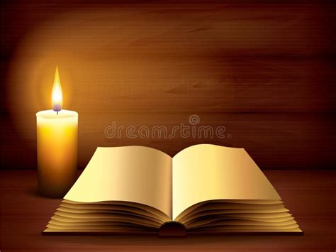 Раскрытые старые книга и свеча на темноте Иллюстрация вектора ...