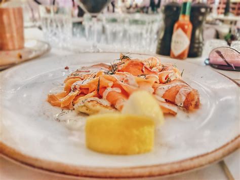 salmon  cheese  plate  stock photo