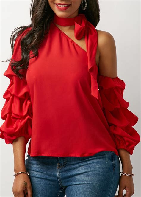 Tie Neck Layered Sleeve Red Blouse | Rotita.com - USD $29.94 | Blusas
