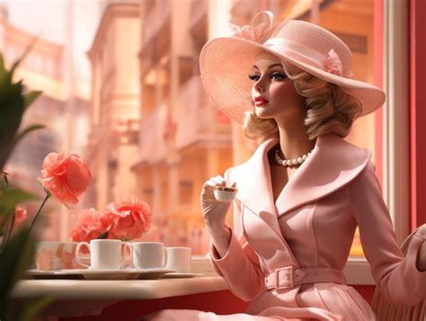Premium Photo | An elegant barbie girl in a pink retro outfit drinks ...