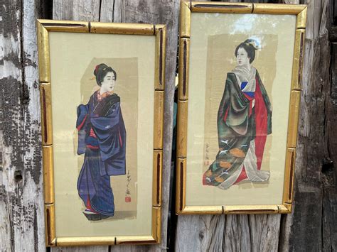 Pair of Vintage Japanese Silk Paintings with Faux Bamboo Frame, Geisha