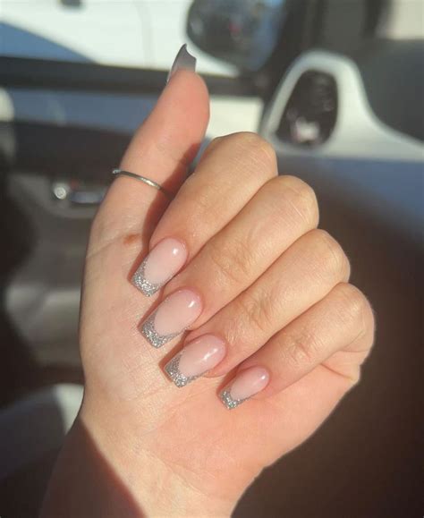 Silver glitter French tip acrylic nails | Prom nails silver, Silver tip ...