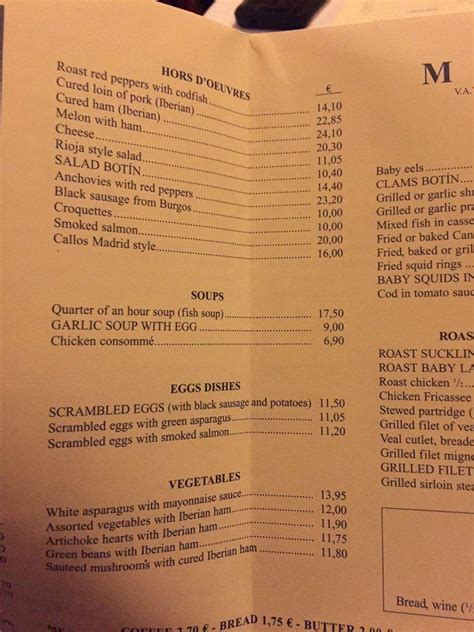 Menu at Sobrino de Botín steakhouse, Madrid, C. de Cuchilleros