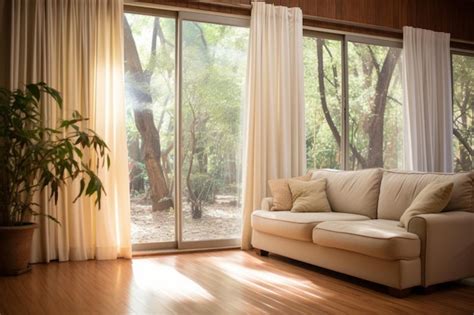 Premium Photo | Bright living room with large windows and white curtains