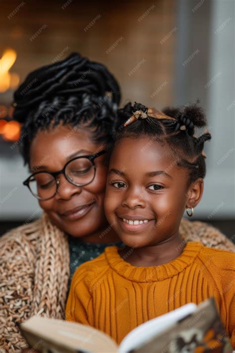 A black mother and daughter reading fairy tales by a roaring fireplace