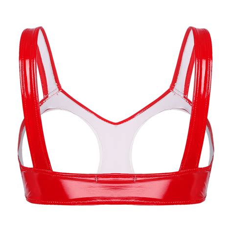 Women's Sexy Wet Look PVC Leather Open Cup Bra Top Bralette Lingerie