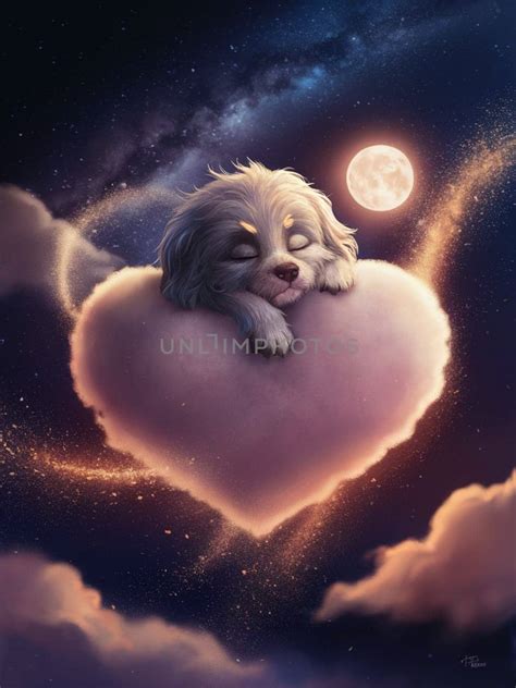 Dog is sleeping on cloud shaped heart, moonlight , milky way golden