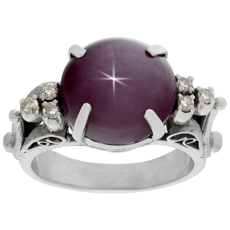 Ruby Star Sapphire Ring in 14k White Gold with Diamond Accents For Sale