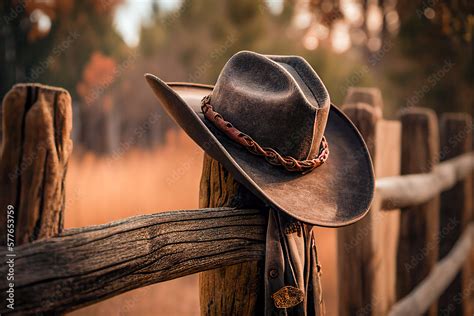 ภาพประกอบสต็อก Cowboy hat on an old wooden fence, with forest trees in background. Country and ...