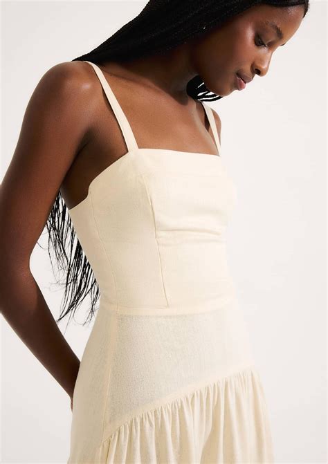 Vestido Hering Linho Midi - Vestido Midi Franzido Em Linho - Creme | Hering