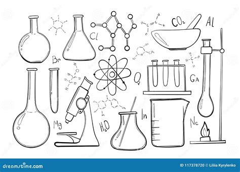 laboratory equipment sketch set science chemistry microscope glass