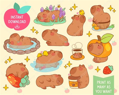 Cute Kawaii Printable Digital Stickers Clipart Orange Giant Cavy Rodent ...