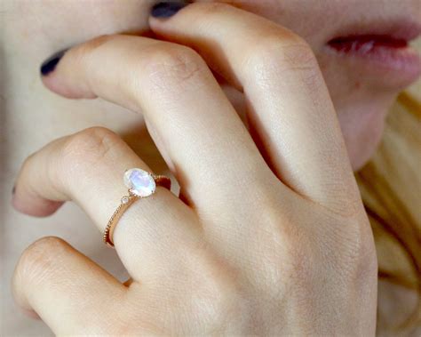 Moonstone Ring Vintage Inspired Oval Rainbow Moonstone Ring, Rose Gold