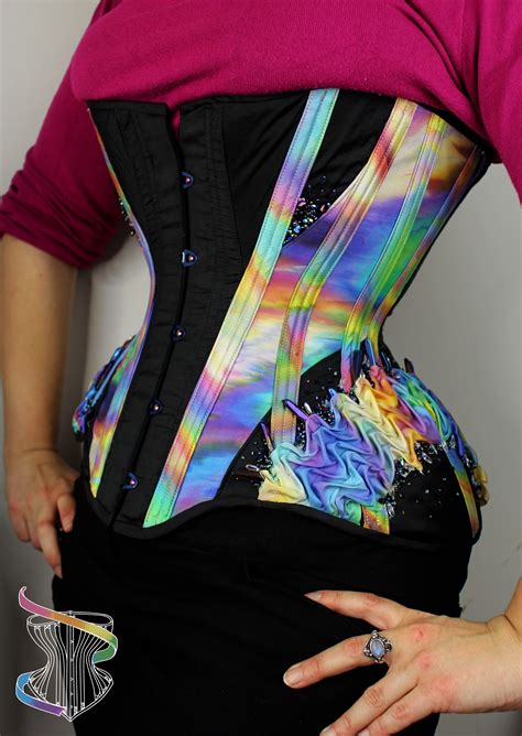Oil-spill corset with smocked hip panels and beading by Rainbow Curve ...