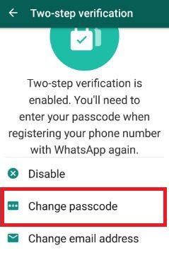 How to change passcode of WhatsApp two step verification
