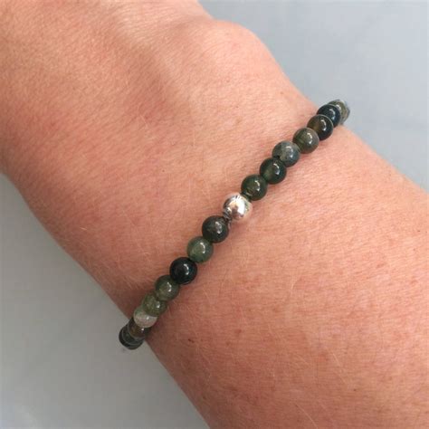 Green Moss Agate stretch Bracelet Sterling Silver or Gold Fill accent