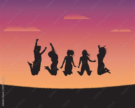 Silhouette happy young people of sunset background Stock Vector | Adobe ...