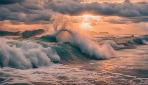 sunset  waves crashing   beach premium ai generated image