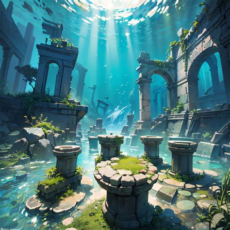 A painting of a small pond surrounded by ruins and trees - SeaArt AI