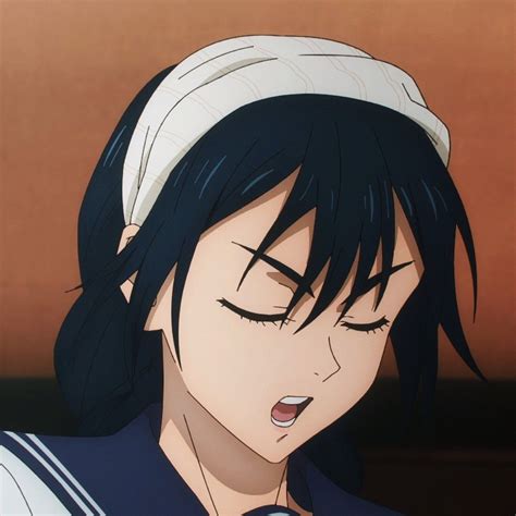 an anime character with black hair and eyes closed