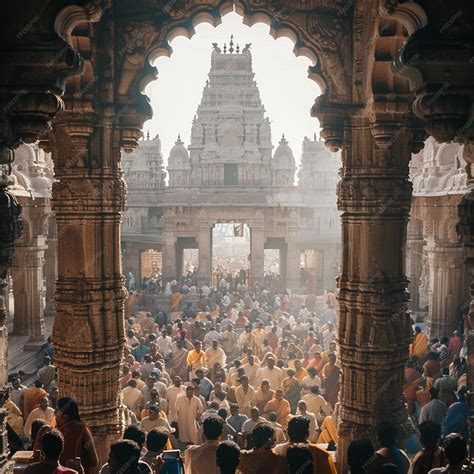 large crowd  people  gathered  front   temple premium ai