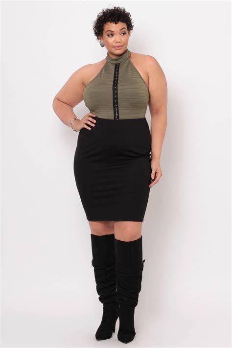 Plus Size Bandage Hook And Eye Bodysuit - Olive/Black – Curvy Sense