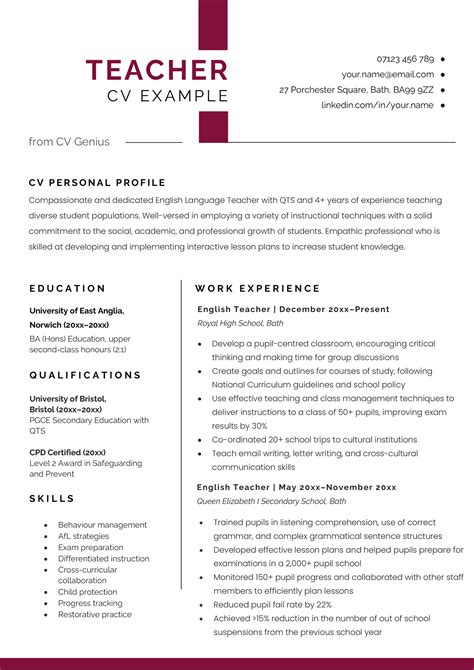Teacher CV - Example, Free Template, & Writing Guide