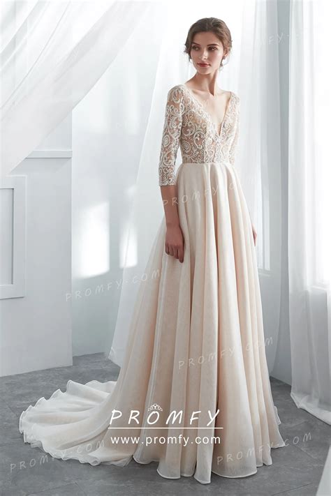 Champagne Beaded Lace 3/4 Sleeve A-line Wedding Dress - Promfy