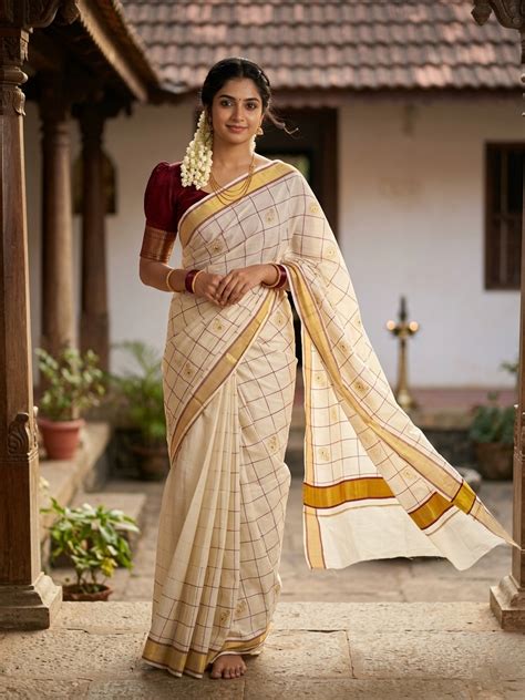 southloom cotton kerala kasavu check saree  peacock embroidery des