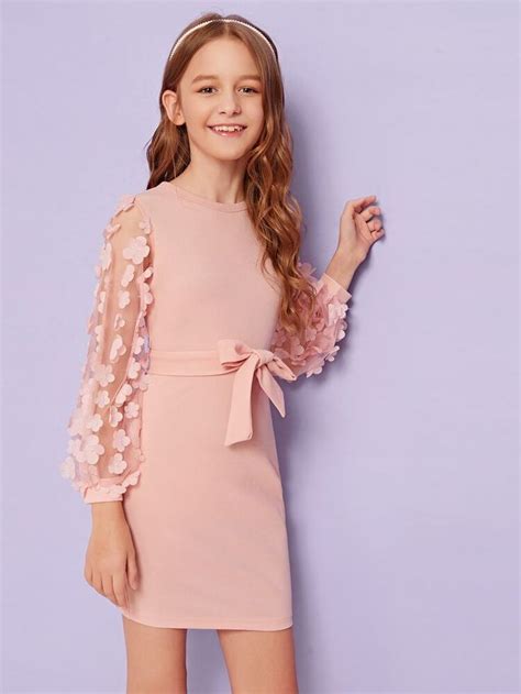 shein girls appliques mesh sleeve  belted dress dresses kids girl kids fashion dress