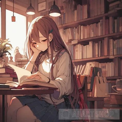 anime girl reading  bookstore