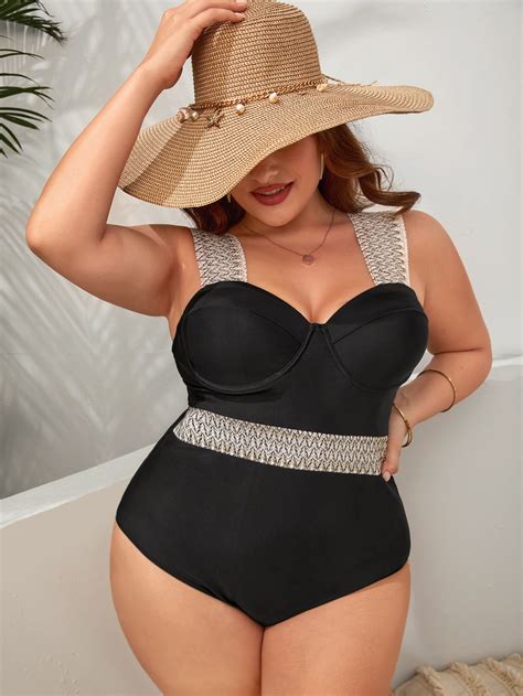 SHEIN Swim Classy Plus Stitch Detail Push Up One Piece Swimsuit | SHEIN USA