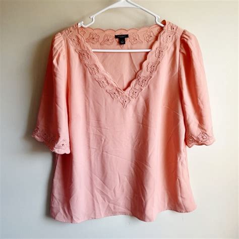 Ann Taylor Peach Pink Lace Eyelet Trim Short Sleeve Blouse Size Small