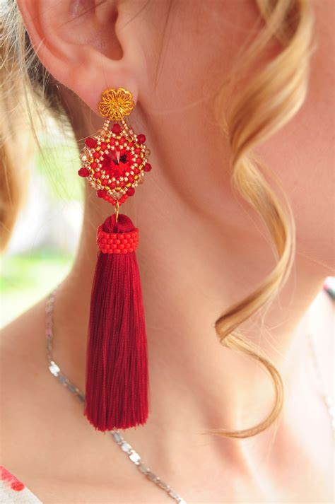 Tassel earrings beaded earrings red tassel earrings statement | Etsy