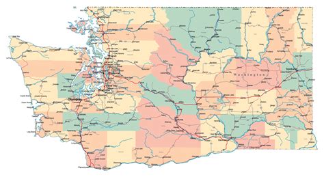 Large administrative map of Washington state with roads, highways and
