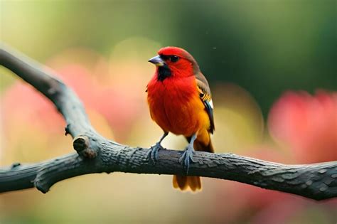 Premium AI Image | a colorful bird with a red beak sits on a branch.