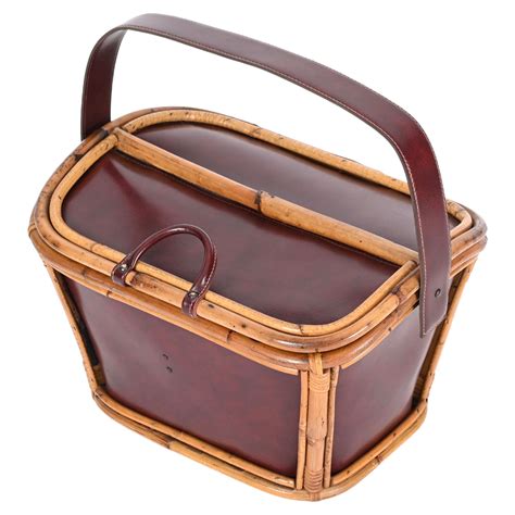 Midcentury Brown and Black Leather Italian Decorative Basket