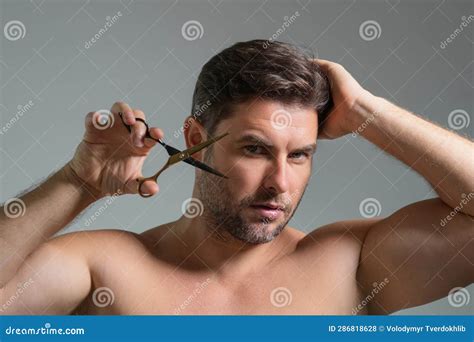 Man with Scissors. Man Cut Hair with Hairdressing Scissors. Men Haircut ...