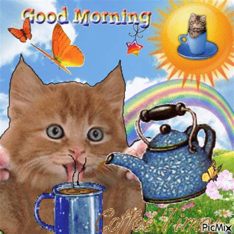 good morning sweet cat kitty drinking coffee   sun  animated