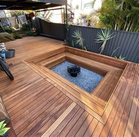 Fire Pit Landscaping and Backyard Seating Area on Wooden Deck