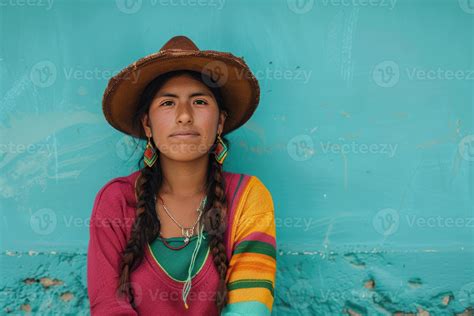 joven boliviano mujer poses mirando a el cámara en contra un turquesa