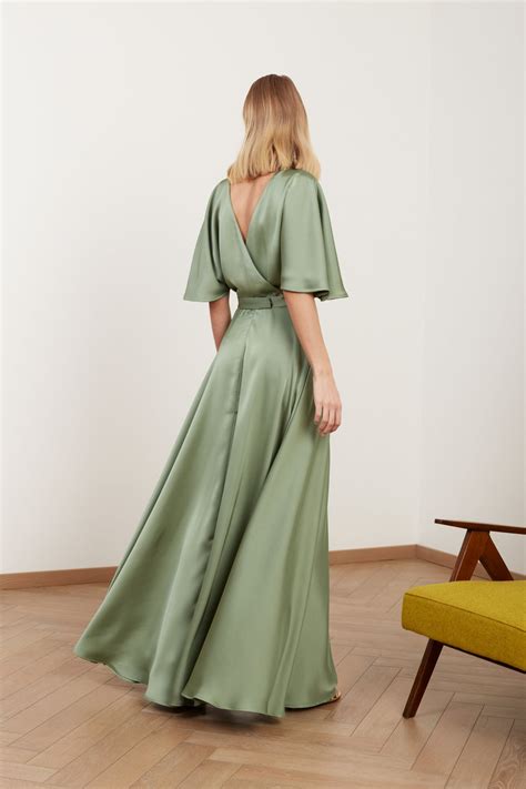 Sage Green Satin Maxi Wedding Guest Dress SOLENE | UNDRESS
