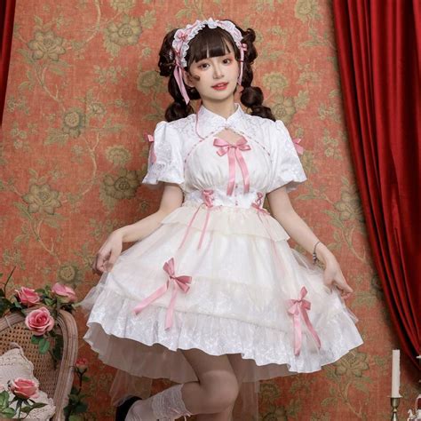中華ロリータ ワンピース ドレス 半袖 メイド服 ゴスロリ チャイナ服 ゆめかわいい ゴシックロリータ 天使 小悪魔 中華風 姫 白 黒 3色 ...