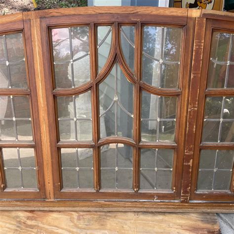 large  ft long vintage art deco oak leaded glass arched window