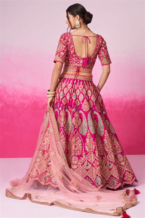ruby pink silk sequins embroidered panelled style lehenga llcv